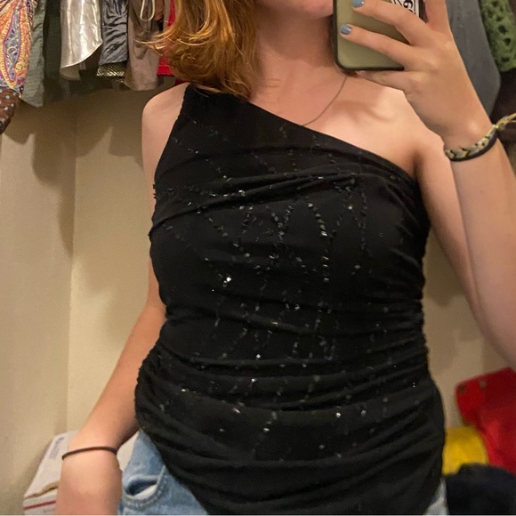 Beaded black one shoulder top - Picture 2 of 3